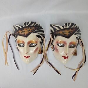 Two VTG 1987 About Face Clay Art San Francisco Ceramic‎ Wall Masks Hand Painted